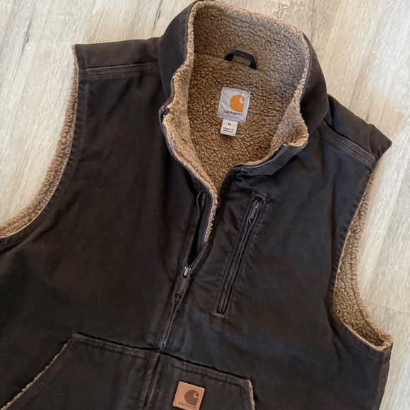 Carhartt Men’s Loose Fit Washed Duck Sherpa Lined Mock Neck Brown Vest M - Picture 4 of 14